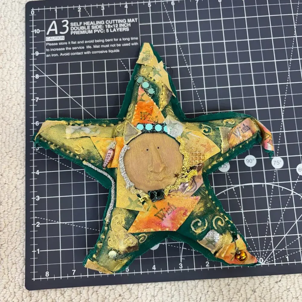 Handmade Soft Sculpture Fabric Star Ornament Resin Face Mix Media Patchwork 11